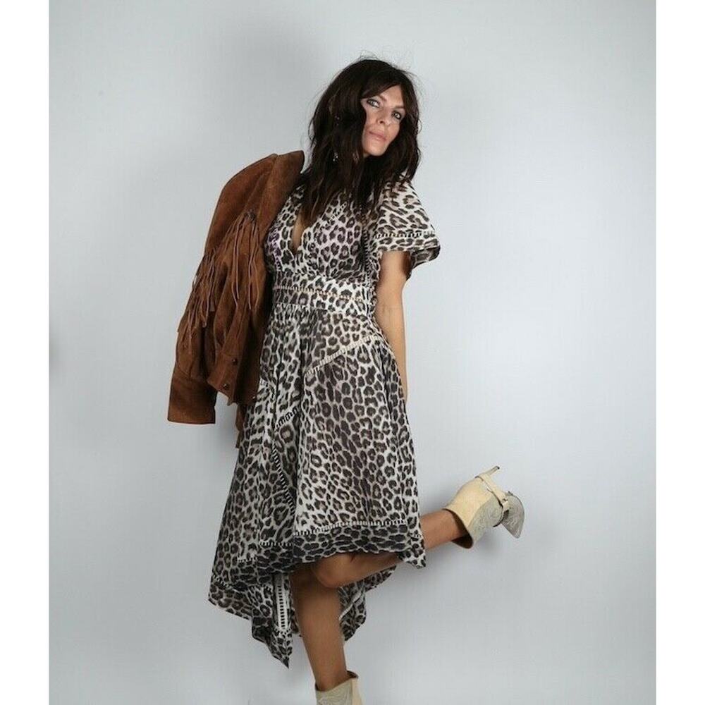 ZIMMERMANN Leopard Print V-Neck Short Sleeve Asymmetrical Dress Size 2